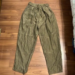 Vintage bronze high waist pleated tapered silk pants with adjustable wai…